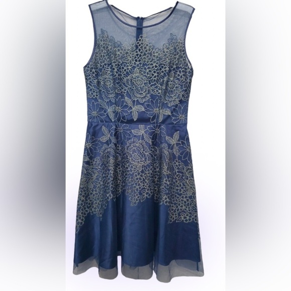 Tahari Navy Sheer Embroidered Fit and Flare mini party dress - Picture 15 of 15